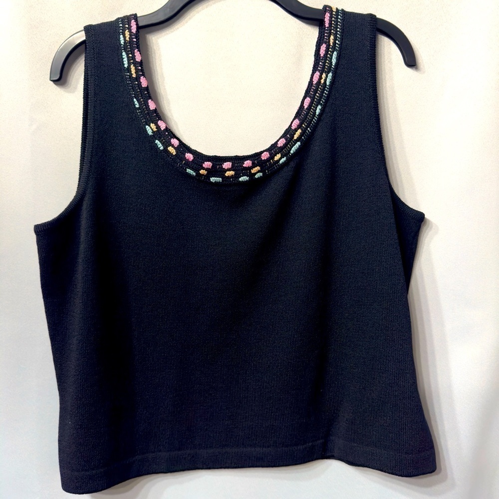 Vintage St John Black Knit Sleeveless Top with Colorful Neckline